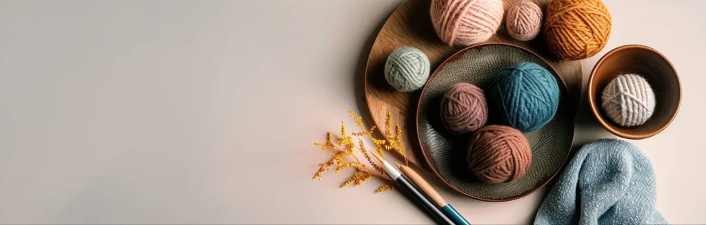 Handmade artisan crafts including knitted beanie, ceramic pottery, and felted decorations on rustic wood table