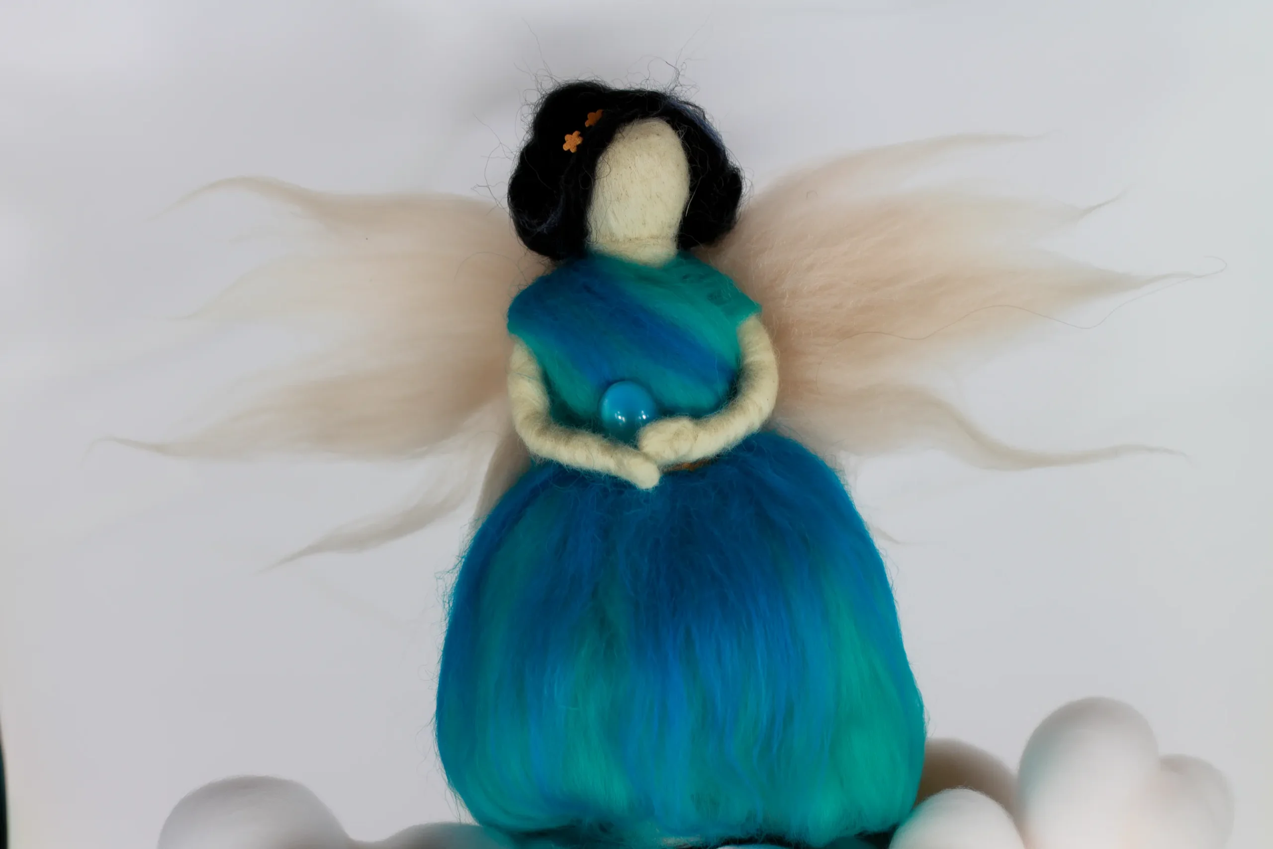 MariaElena | Handmade needle felted guardian angel in blue dress with transparent bead and fluffy wings - therapeutic comfort angel for truth and authentic self-expression