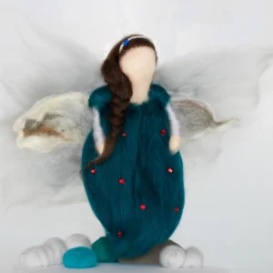 MariaElena | Handmade needle felted angel in deep teal dress with red dots and white wings, featuring braided brown hair with blue ribbon accent, standing on white felted clouds