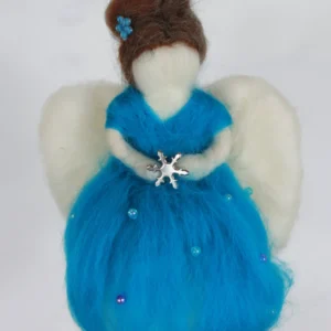 MariaElena | Handmade needle felted angel in bright turquoise blue dress holding silver snowflake, with brown upswept hair and cream-colored wings, standing on glittery winter ground - Guardian of Winter and Reflection memorial comfort angel