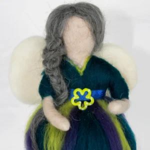 MariaElena | Handmade needle felted guardian angel with long grey braided hair, cream wings, and rich teal dress accented with purple and lime green. A golden key with blue ribbon rests at her chest.