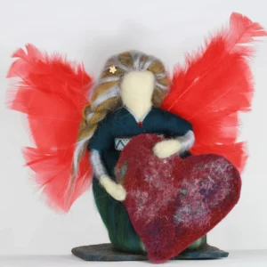MariaElena | Handmade needle felted angel with large red feather wings holding a pink heart wrapped in silk thread, standing on a stone base