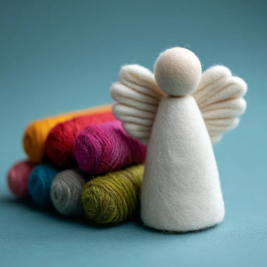 MariaElena | Pure white needle felted angel without face next to rainbow colored wool bundles, showing custom personalization options for handmade memorial guardian angels