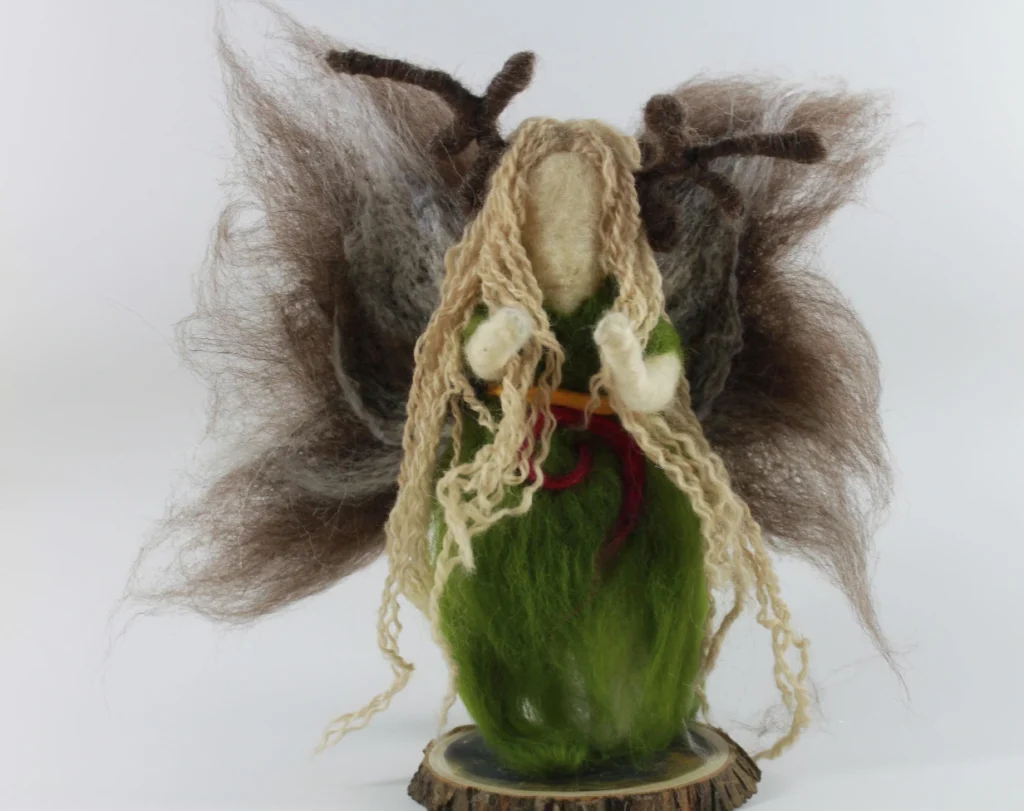 MariaElena | Handmade needle felted angel with horns and long blonde hair wearing green dress with womb spiral - therapeutic guardian angel for intuition and inner wisdom