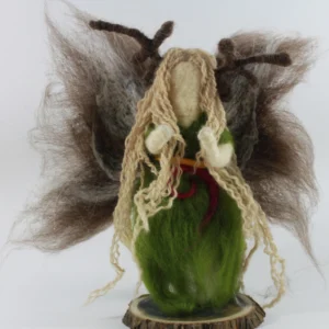 MariaElena | Handmade needle felted angel with horns and long blonde hair wearing green dress with womb spiral - therapeutic guardian angel for intuition and inner wisdom