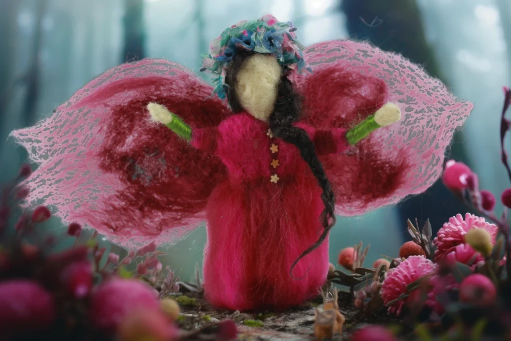 Alt text: Vibrant needle felted angel with wide translucent pink wings, coral-red dress, and whimsical turquoise-pink turban, standing among pink flowers in natural outdoor setting