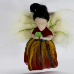 MariaElena | Handmade felted angel with black hair and golden flowing skirt holding small green tree, Guardian of the Inner Garden memorial angel by Maria